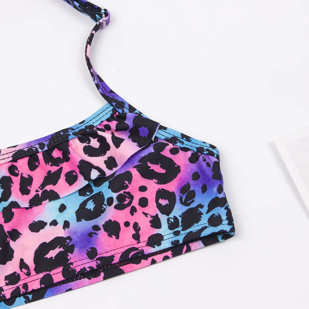 7-14 Years Falbala Leopard Print Girls Kids Swimsuit Swimwear 2023 Kid Summer Bikinis Set Children Halter Biquini Swimming Suit