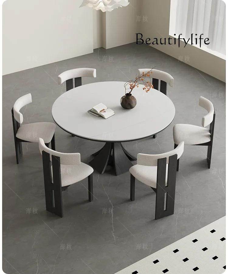 French retro variable round retractable rock slab dining table folding household square dual-purpose solid wood dining table