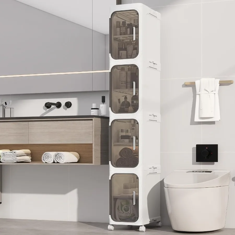 

4Tiers Slim Bathroom Storage Cabinet Foldable Storage Cabinets Narrow Bathroom Storage Movable Bathroom Storage Organizer for S