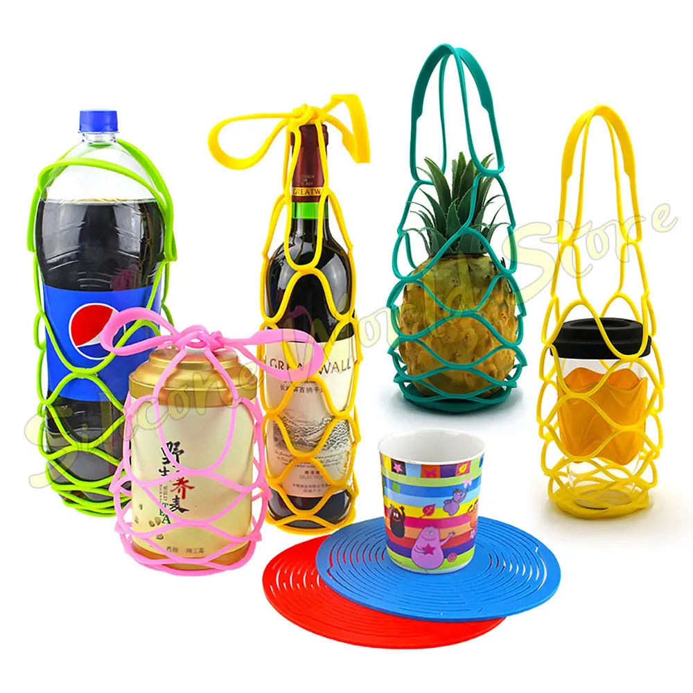 Silicone World Multi Functiona Silicone Mesh Bag Hand Basket Wine Bottle Storage Bag Water Cup Tote Bags Net Bag Insulation Pad