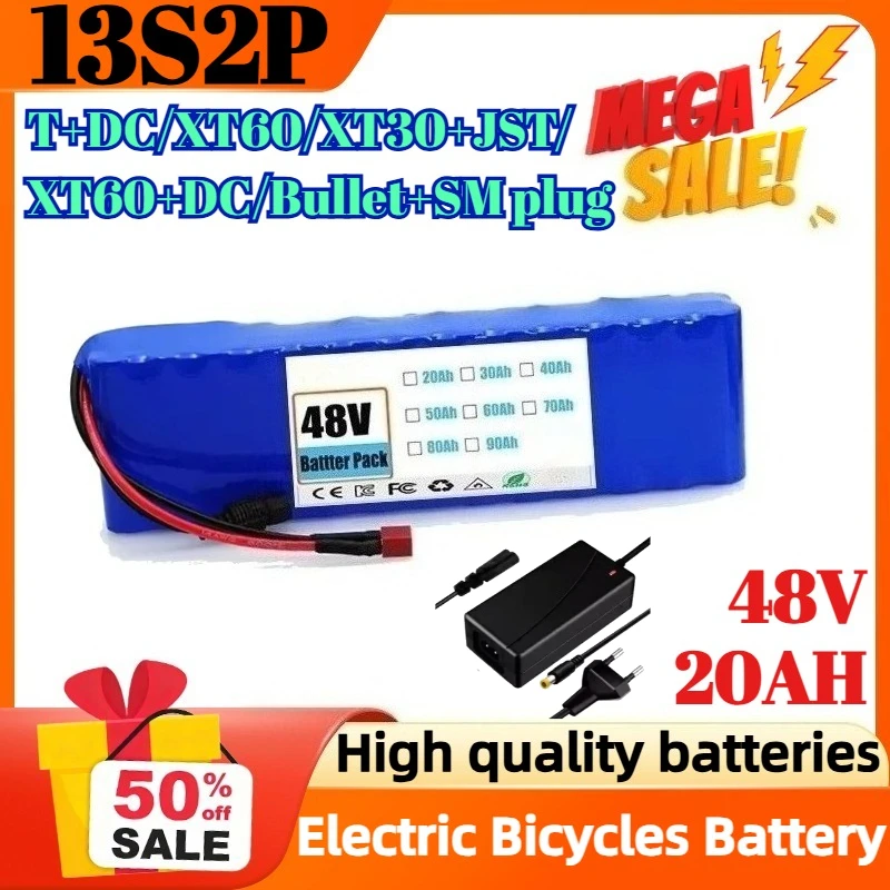 

​​13S2P 48V 20AH 18650 Battery Pack T+DC/XT60/XT30+JST/XT60+DC/Bullet+SM plug Electric Bicycles Motorcycles Battery with Charger