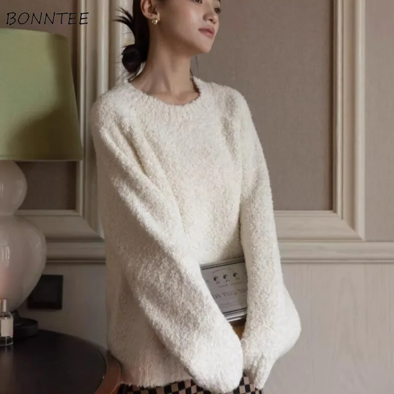 

O-neck Pullovers Women Solid Simple Autumn Winter Lazy Ins Casual Home Knitted Sweaters Mujer Retro French Style Soft Cozy New