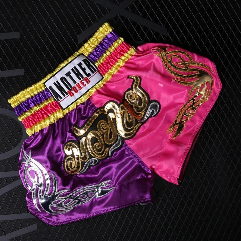 ANOTHERBOXER Muay Thai Shorts MMA Bordado Esportes Fitness Luta Kickboxing Calças Curtas Sanda Artes Marciais Boxeo Shorts Homens