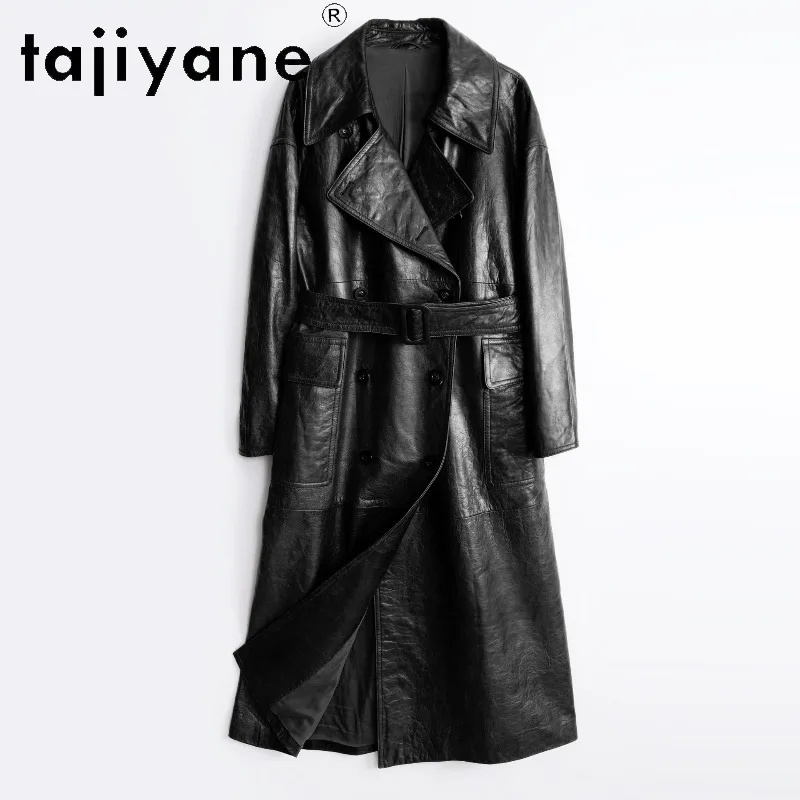 TAJIYANE Vintage Genuine Leather Jacket Women Winter Coats Oil Wax Cowhide Oversized Long Trench Coat 126cm Outerwear Chaqueta