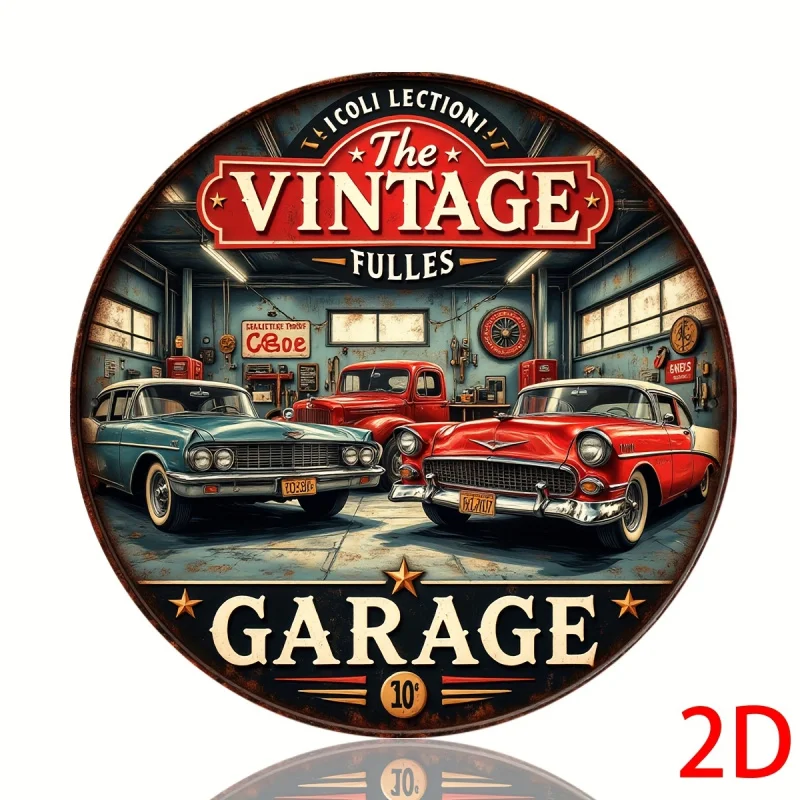 لوحة حائط مستديرة من الألومنيوم مسطحة عتيقة ثنائية الأبعاد - لافتة معدنية للمرآب القديم مع تصميم كلاسيكي للسيارات والأدوات، ديكور أمريكانا للحانات #3