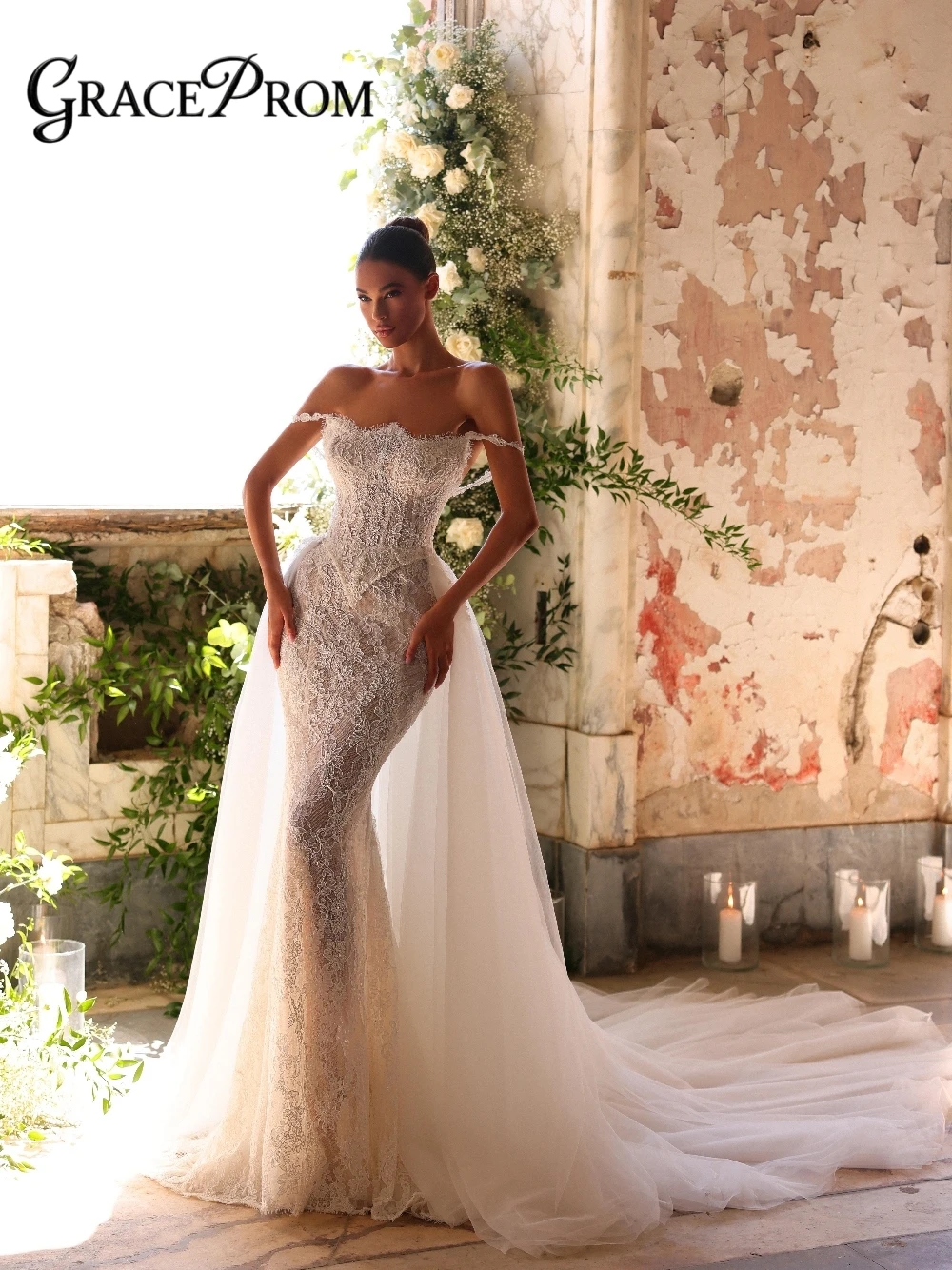High-end Lace Off Shoulder Mermaid Wedding Dress With Detachable Tulle Train Elegant Fitted Waist Customized Bridal Gown