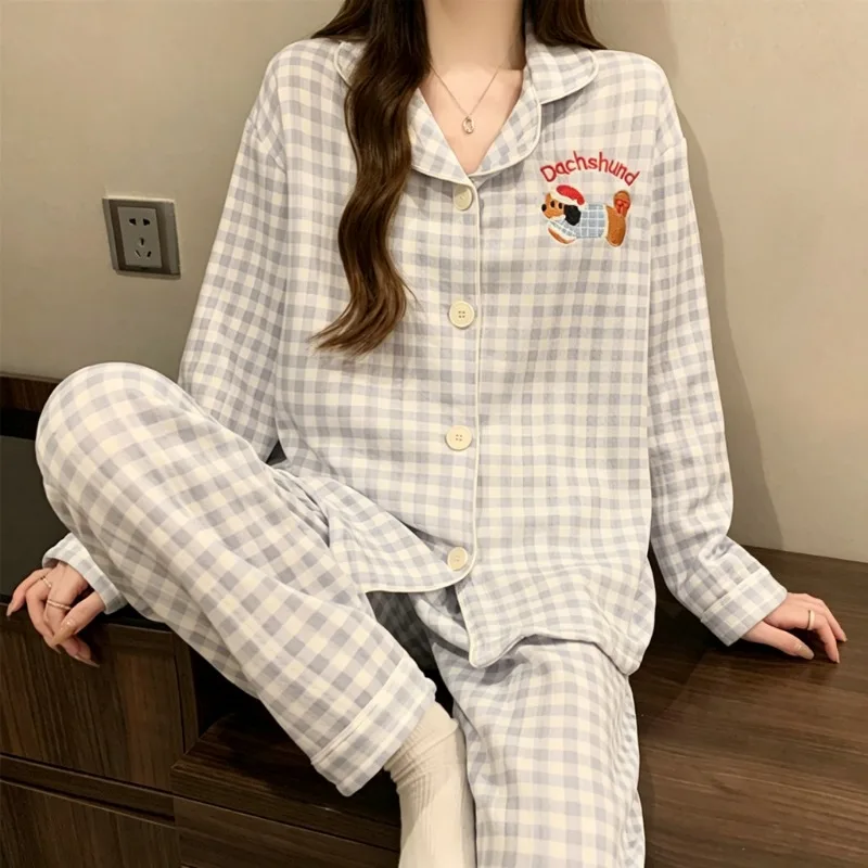 Embroidery Cute Dachshund Pajamas Women 2 Piece Set Korean Style Plaid Sleepwear Women Autumn Winter Fashion New 2026 Homewear