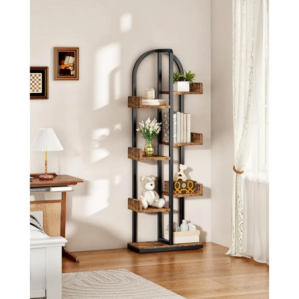 رف كتب منحني مكون من 6 طبقات مع أمان مضاد للطرف، وأقدام قابلة للتعديل، وأرفف متداخلة لغرفة المعيشة المنزلية، وحلول تخزين غرفة النوم