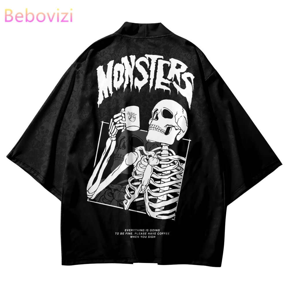 

Fashion Skeleton Print Samurai Kimono Streetwear Men Women Cardigan Tops Harajuku Japanese Clothes 2023 Summer Beach Yukata