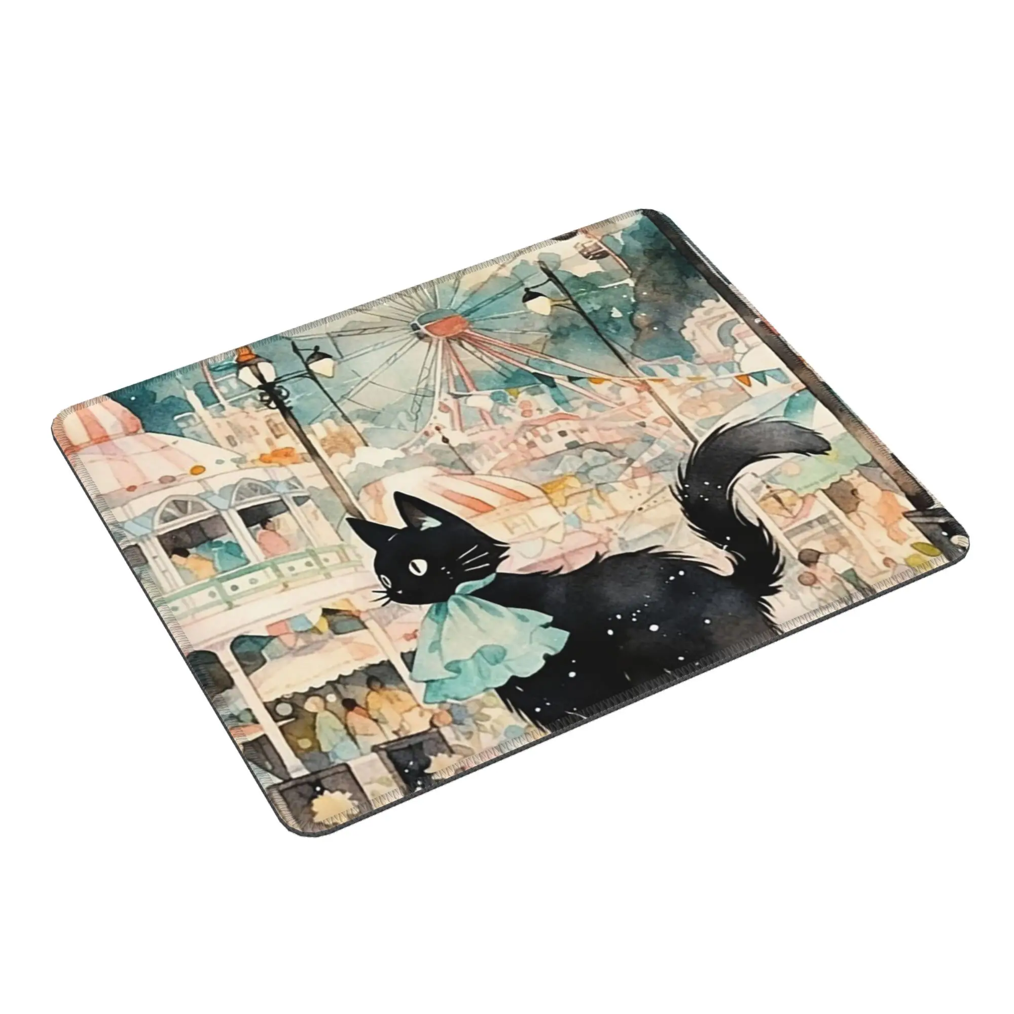 Anime Cat Strolling in Dreamy City Mouse Pad Computer Keyboard Mouse Mat Gaming PC Laptop Desk Mat Office Accessories Table Mats