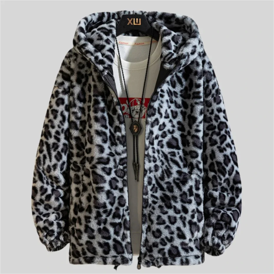 Leopard Print Thick Jackets Mens Streetwear Hip Hop Y2k Hooded Coats Men Harajuku Vintage Loose Casual Autumn Winter Jackets