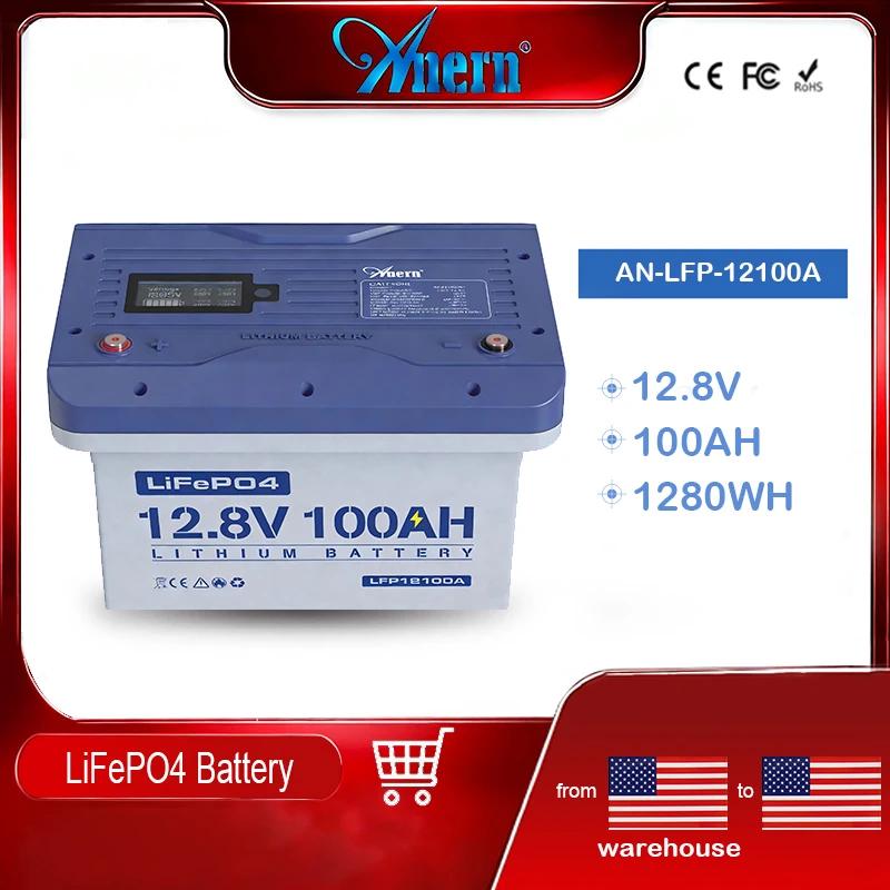 Anern Upgrad High Quality 1280WH/2560WH 12V 100AH/200Ah LiFePO4 Lithium Battery Backup Power for Inverter Motorhome Solar System