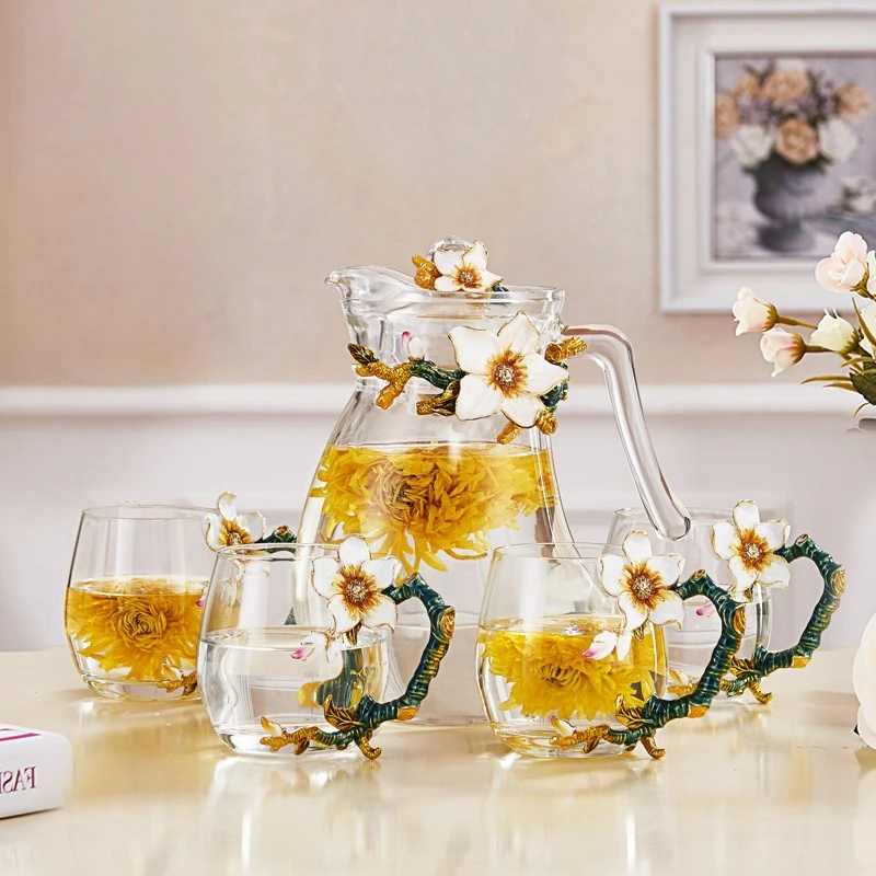 

Enamel color advanced high temperature resistant glass kettle water cup teacup set, home living room hospitality tea set, teapot