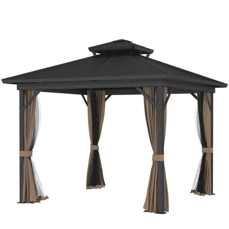 

Outsunny 10' x 10' Hardtop Gazebo with Aluminum Frame, Metal Roof Gazebo Canopy w/ Hook, Curtains included, Dark Brown