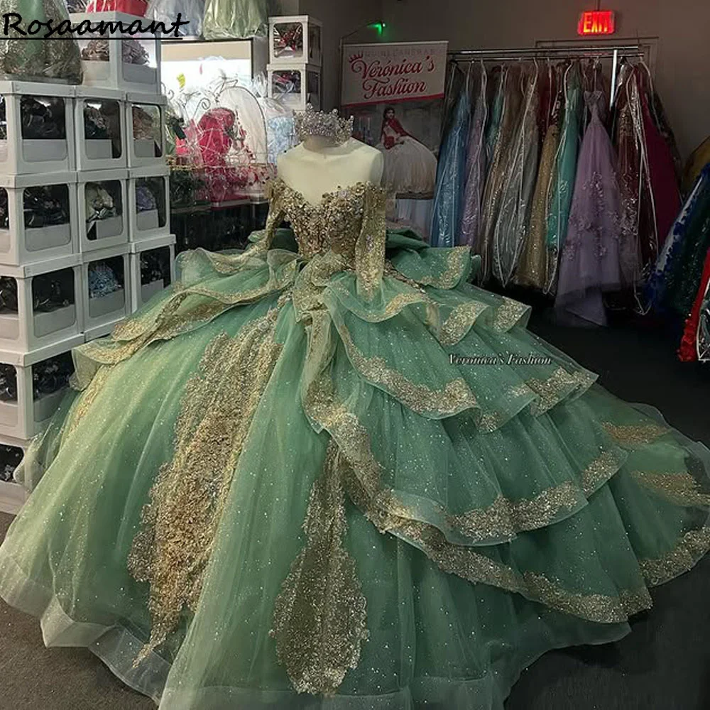 Glitter Mint Green Quinceanera Dress Ball Gown Floral Applique Beading Mexico Sweet 16 Vestido De 15 Anos
