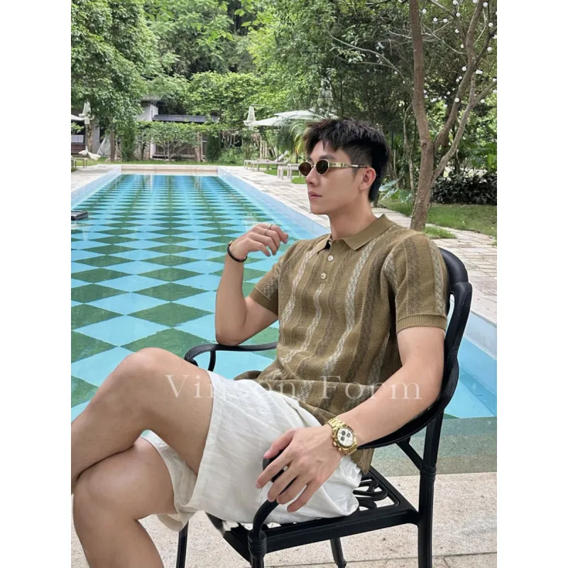 2026 Summer New Style Men's Old Money Style Open-Back Silk Knitted Sweater with Colorful Texture Polo Shirt Short Sleeve