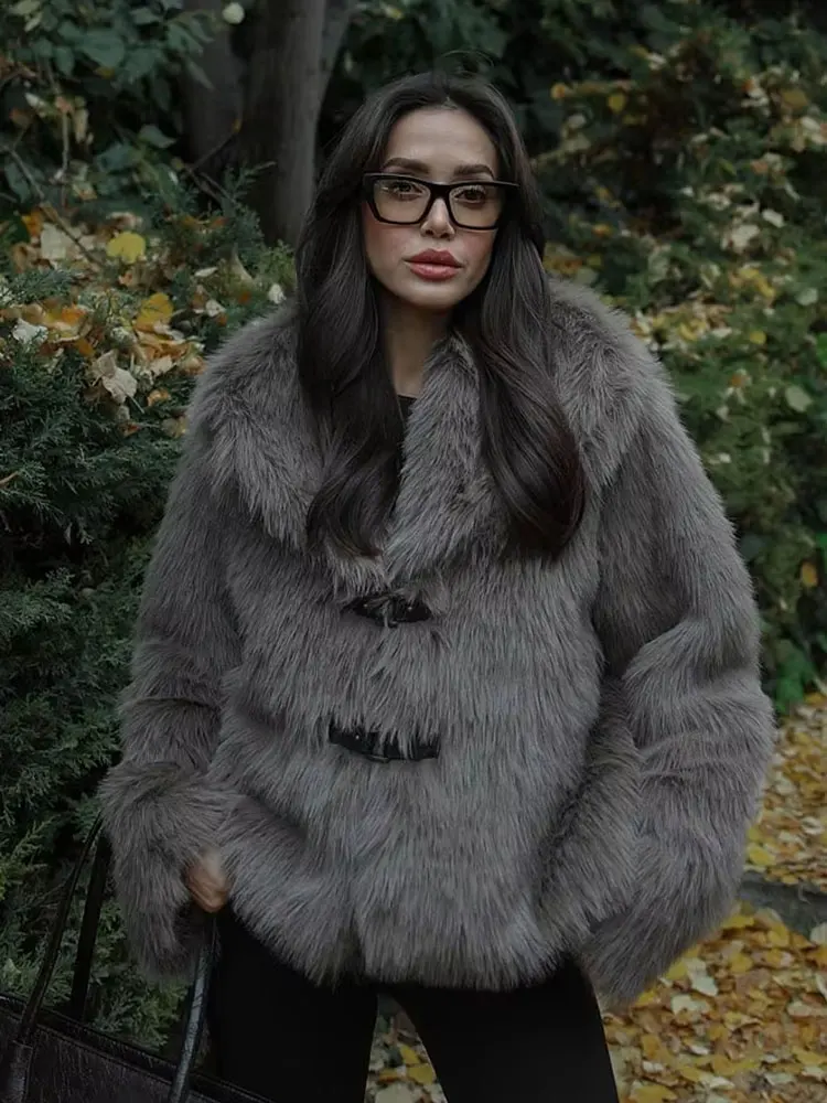 HH 2024 Woman Winter Turn-Down Collar Long Sleeve Warm Loose Outerwear Women Short Faux Fur Jackets Casual Coat Mujer