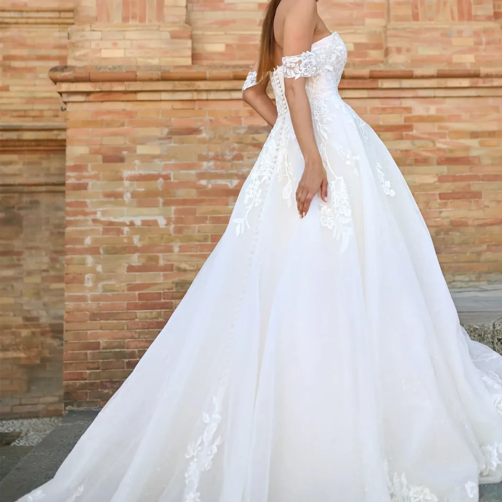 オフショルダーノースリーブウェディングドレスアップリケレースAラインブライダル成長カスタマイズオープンバックイリュージョンVestidosデノビア2025