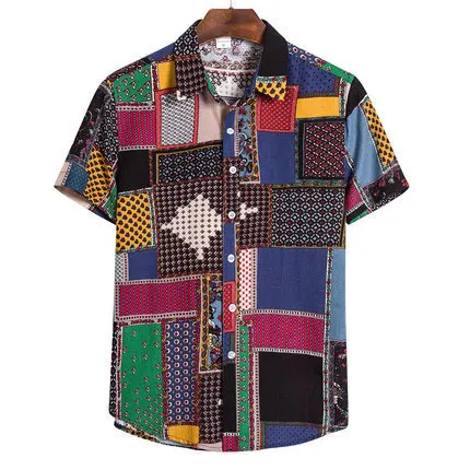 Small Niche Design Printed Shirt with White Magnolia Floral Geometric Ethnic Patchwork, Trendy for Young People
