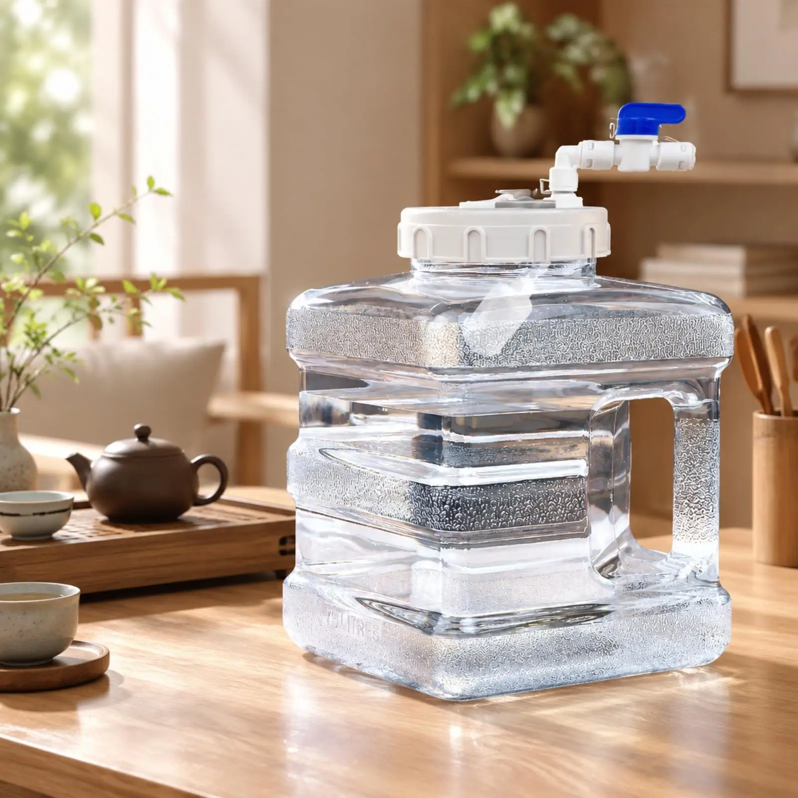 Square PC Water Canister with Manual Faucet and Float Mechanism for Steady Purified Water Flow