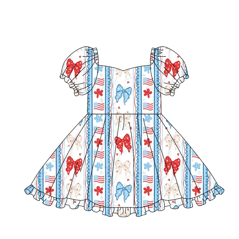 July 4th Independence Day Bow and Flag Print Girls Summer Fashion New Arrival Bubble Sleeve Boutique Dress
