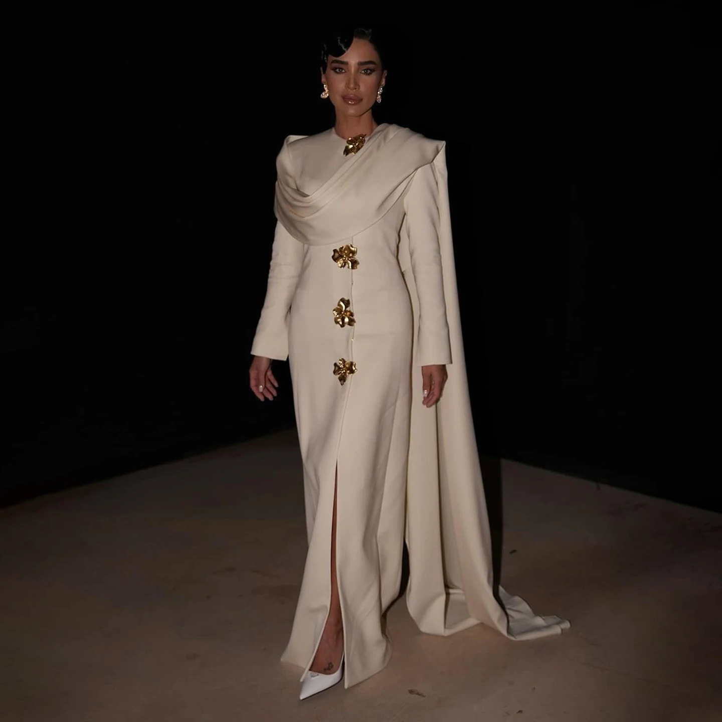 Sharon Said 2026 Arabic White Mermaid Evening Dress Arabic Dubai Cape Full Sleeves Wedding Party Gowns SF536 Customized