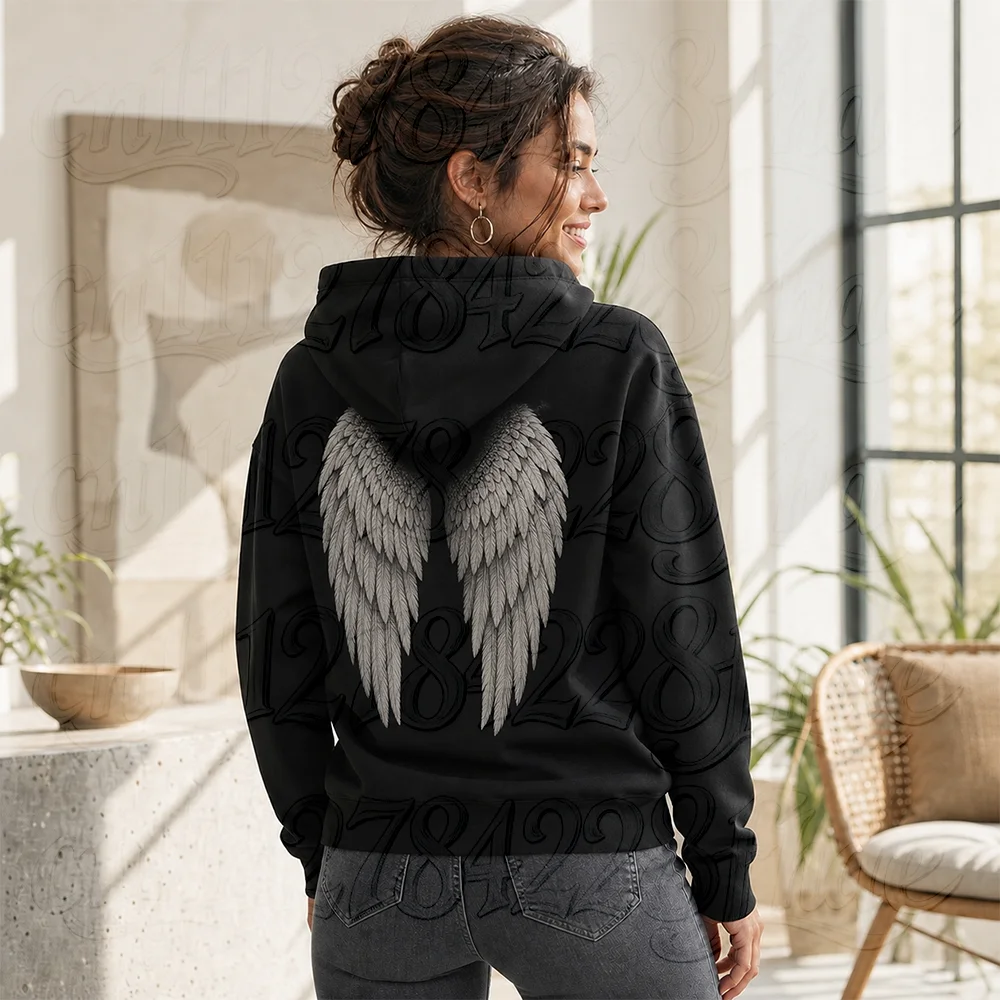Angel Wings Graphic Hoodies Women's Vintage Gothic Long Sleeve Warm Sweatshirts Harajuku Autumn Winter Cozy Halloween Pullover