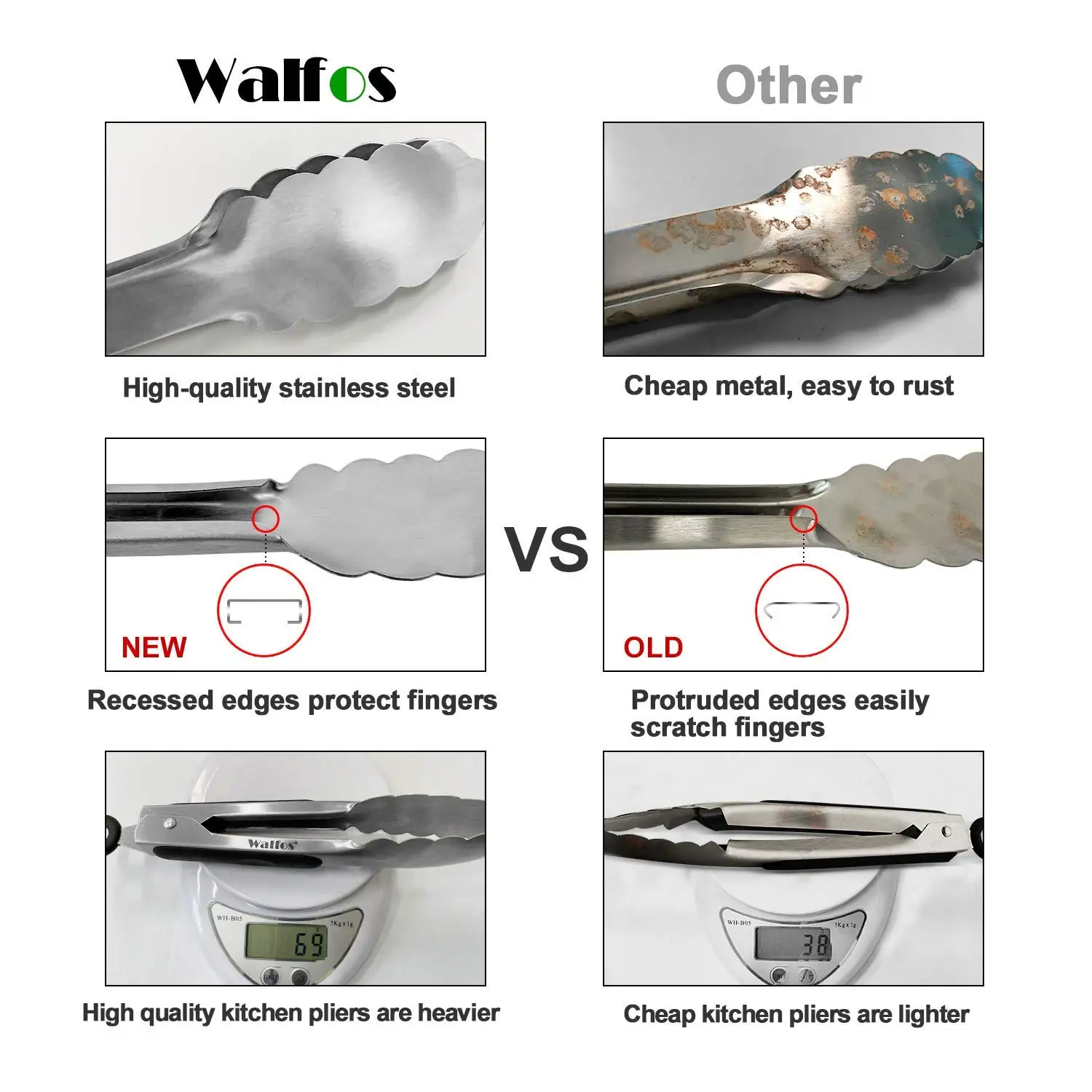 WALFOS Extra Long Stainless Steel BBQ Tongs Salad Food Clips Bread Pasta Serving Tongs Non-Stick Kitchen Cooking Tools