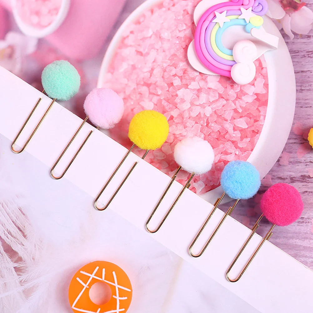 18pcs Candy Color Pompon Ball Paper Clips Creative Metal Bookmark Clip For Notes Decorative Pin Office Supplies Stationery