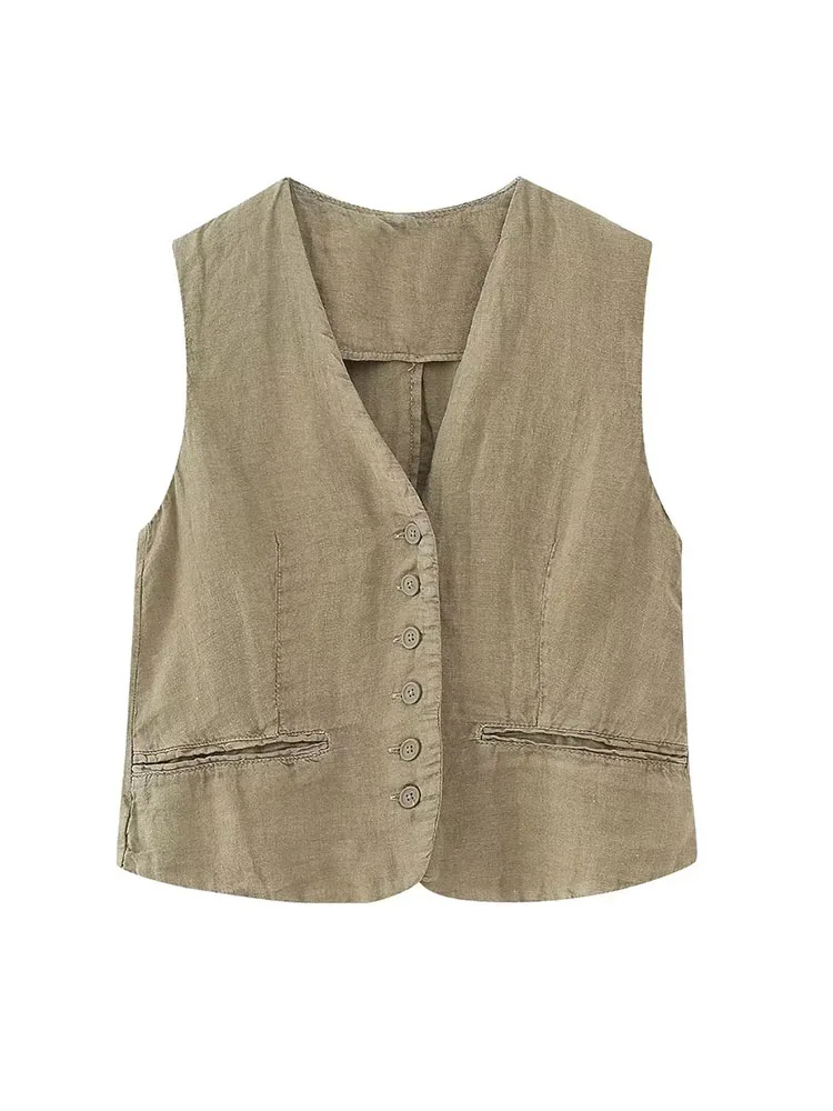 TRAF-chaqueta sin mangas para mujer, chaleco con cuello en V, Top ajustado con botones y pantalones, novedad de verano 2023