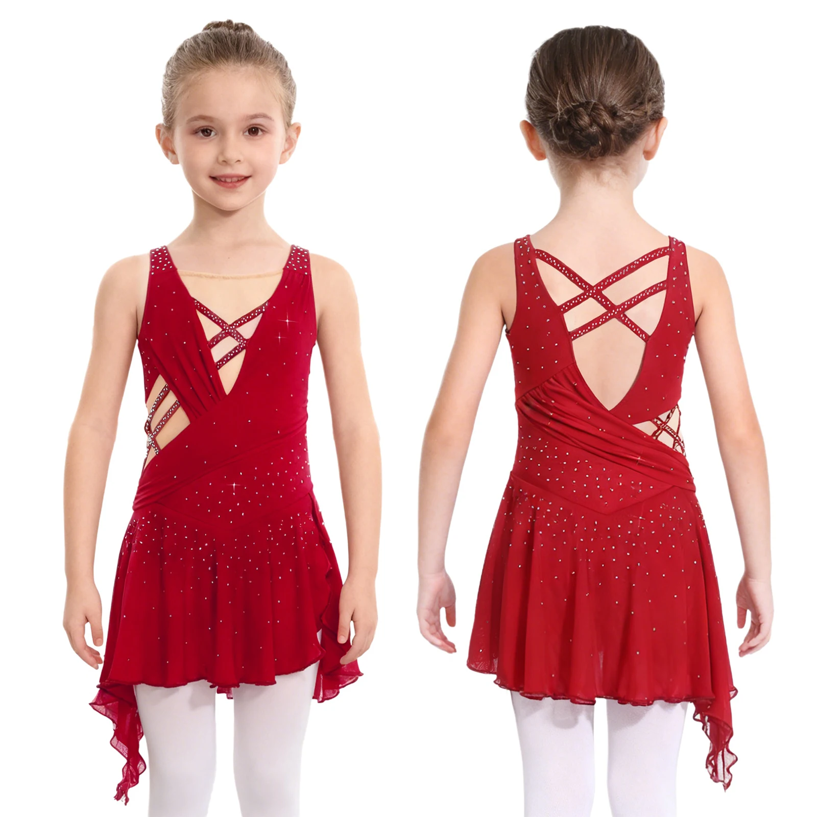 6-16Y Girls Figure Skating Leotard Dress Shiny Rhinestones Sheer Mesh Dancewear for Lyrical Dance Ballet Gymnastics Acrobatics