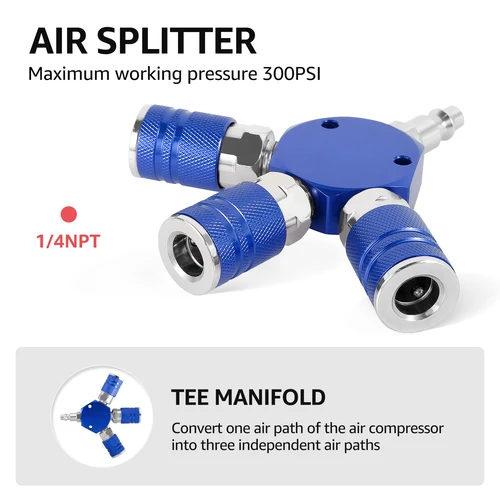 Imagen 2 del producto Colector de aire de 3 vías de 1/4 pulgadas con acoplador y enchufes, divisor de aire, conexión rápida, conector de manguera de compresor de aire