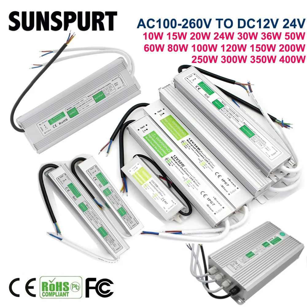 1-5PCS Power Supply Waterproof IP67 12V 24V 20W 50W 80W 100W 120W 150W 200W 300W  LED Driver Adapter Light Transformer For Strip