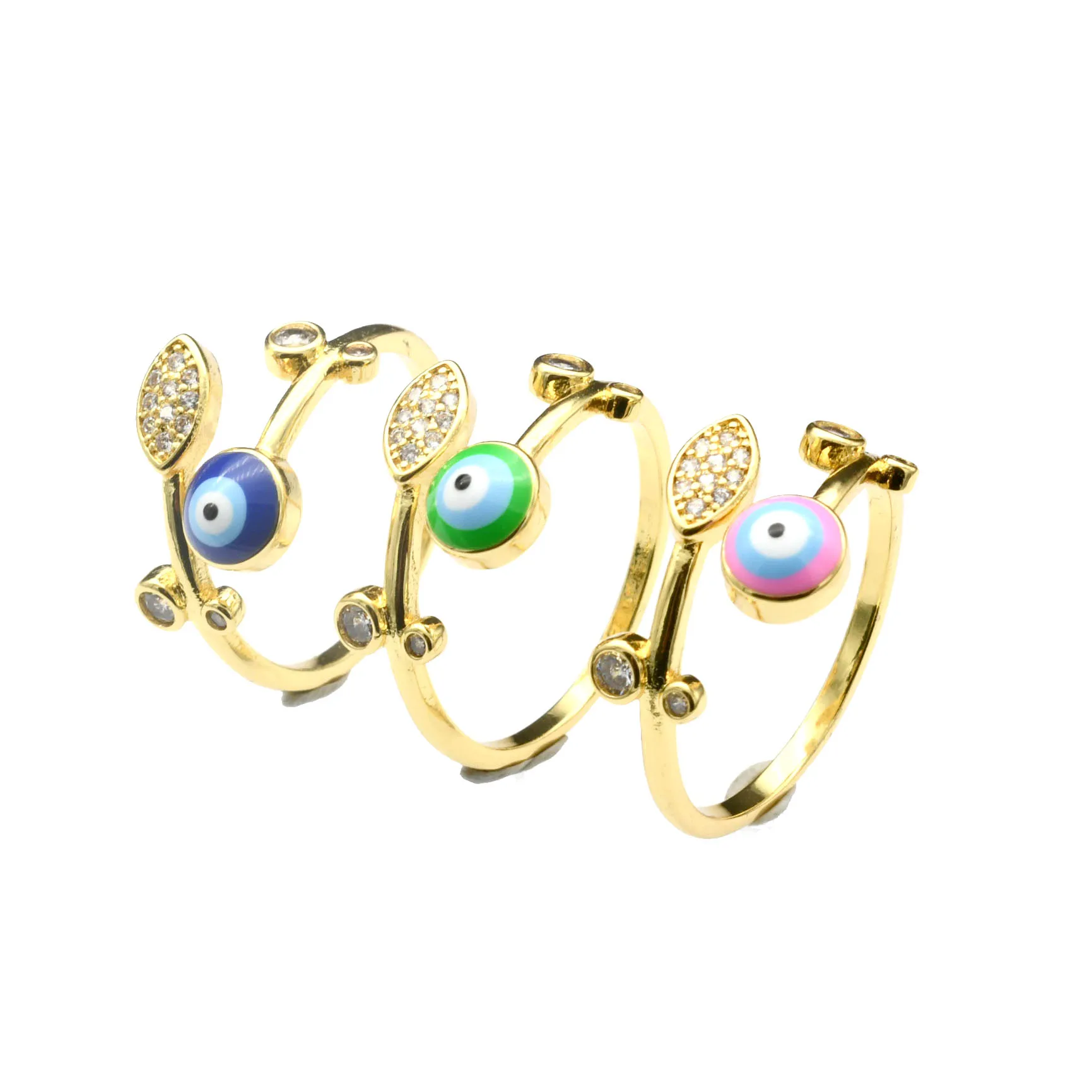 High Quality Color Remian Gold Plated Copper Multi Color Enamel Evil Eye Leaf Ring Adjustable Freesize Finger Rings for Women