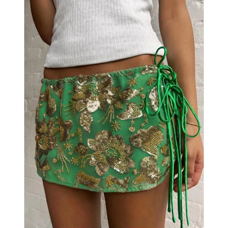 

Women Luxury Shiny Glitter Colorful Sequins Party Club Side Bow Tied Hollow Out Drawstring Low Waist Y2K Short Skirts