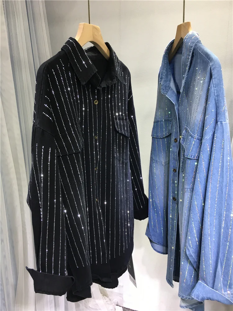 2023 Luxury Rhinestone Middle Long Denim Shirt for Women Pocket Design Top Long Sleeve Coat Turndown Collar Loose Blouse