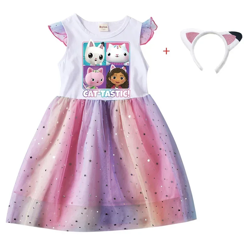 Gadgets cats cartoon baby girl dresses kids sabby's doll house clothes cosplay costume children fly sleeve casual dress headband