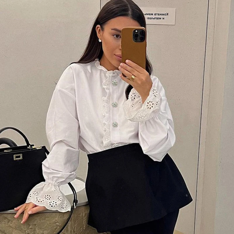 

Ticketsx Fashion Ruffled Shirt Women's Stand Collar Flared Sleeves Diamond-In Buttons Top 2025 Female Casual Classic Loose Shirt