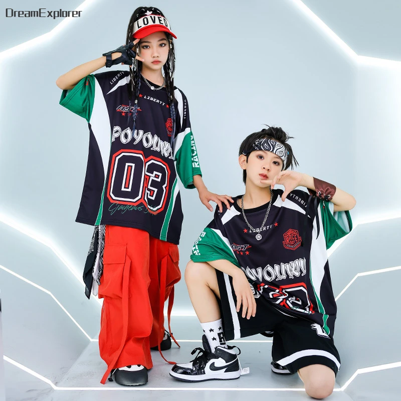 Boys Hip Hop Contrast T-shirt Street Dance Shorts Girls Loose Red Cargo Pants Child Streetwear Kids Jazz Costumes Clothes Sets