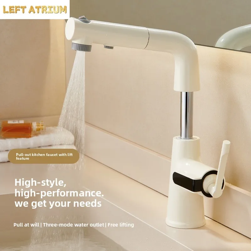 Brass Gunmetal Gray Cream White Digital Display Pull-Out Faucet Bathroom Top-Mounted Rotatable Pull-Out