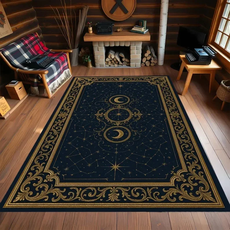 Starry Night Moon Celestial Black Carpet with Bohemian Home Decor Mystical Zodiac Area Rug for Living Room Bedroom Non-Slip Rug