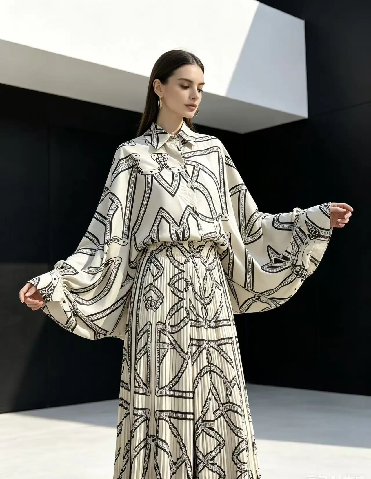New 2026 Fashion For Women Pajamas Set European American Retro Loose Print Shirt Two-piece High Waist Wide Leg Pants Home Suit