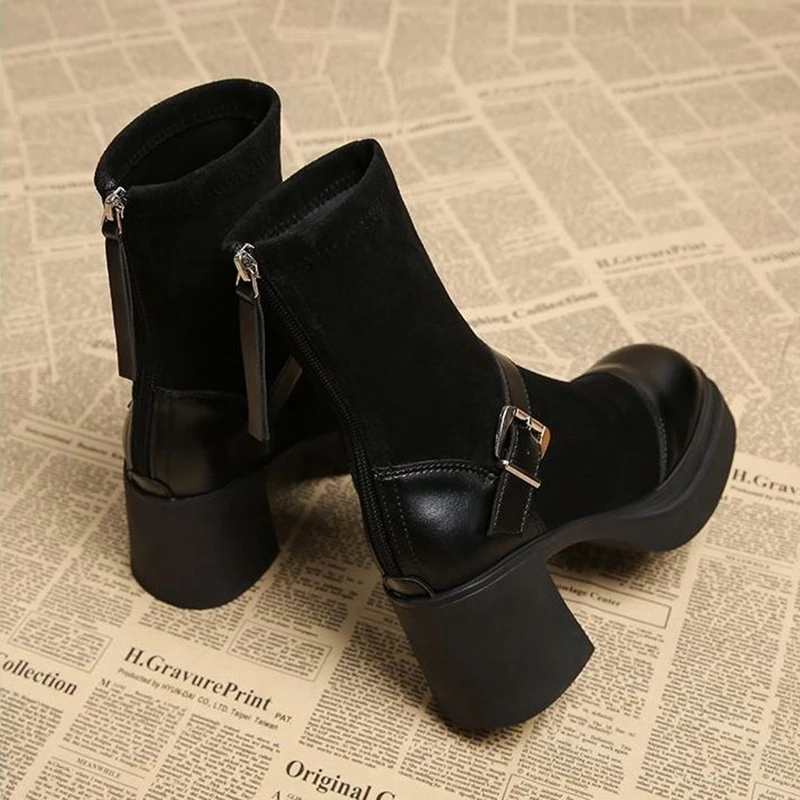 Women Platform Chunky High Heel Ankle Boots Round Toe Buckle Strap Suede Patchwork Stretch Sock Booties Back Zipper Shoes view 4