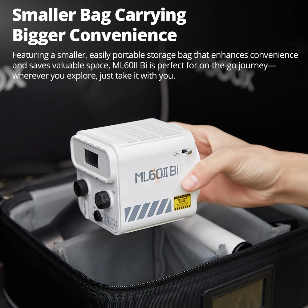 Godox ML60II BI 2800K -6500K LED-videolamp Stille modus Draagbare helderheidsaanpassing Ondersteuning Li-ion Outdoor LED Verbeterde lamp