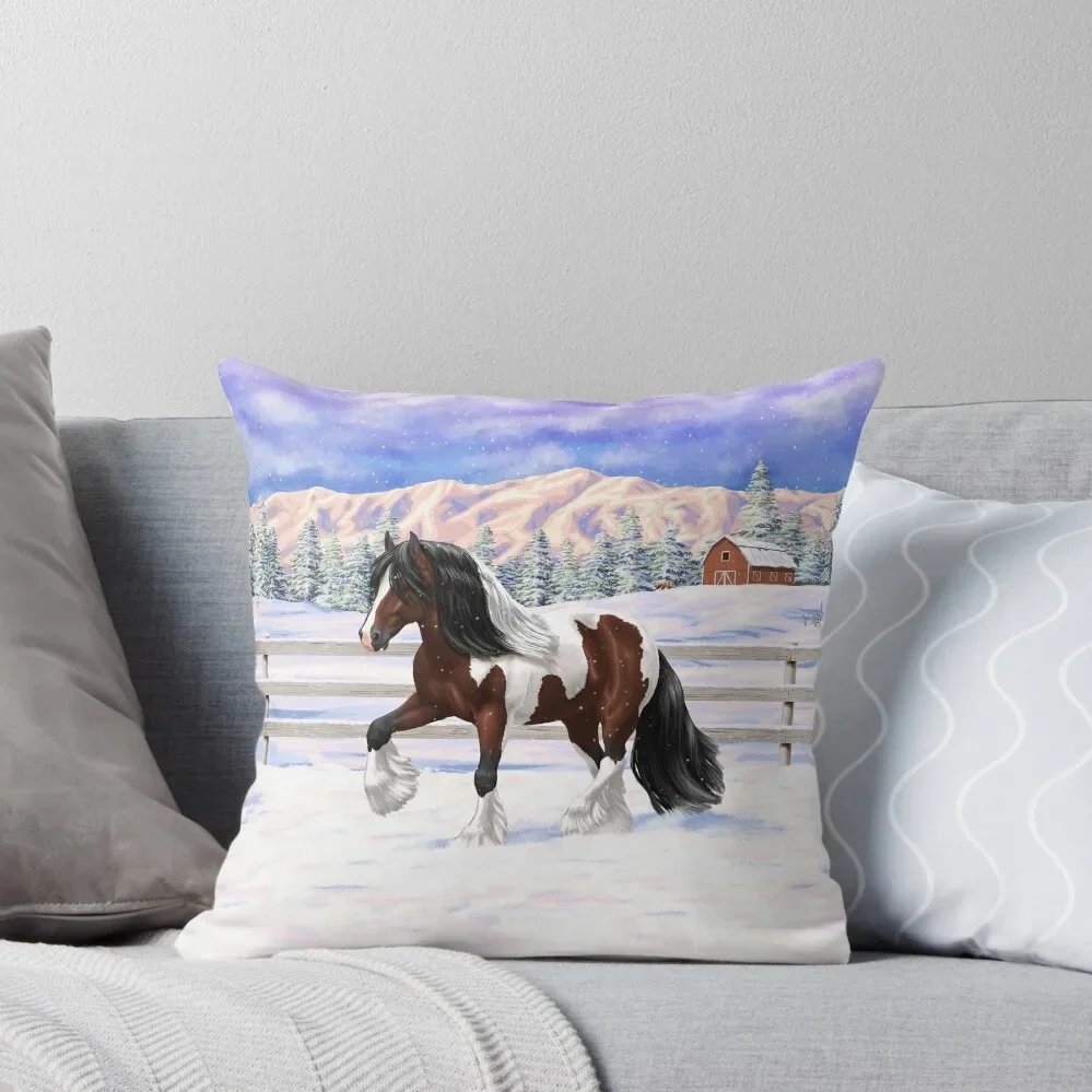 

Brown Bay Pinto Skewbald Gypsy Vanner Draft Horse In Snow Throw Pillow bed pillows Custom Cushion Photo pillow