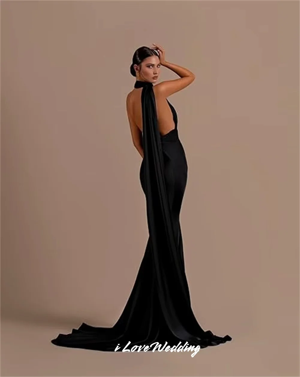Black One Shoulder Evening Dresses 2025 Satin Sleeveless Mermaid Long Scarf Backless Sweep Train Wedding Party Dress Customized