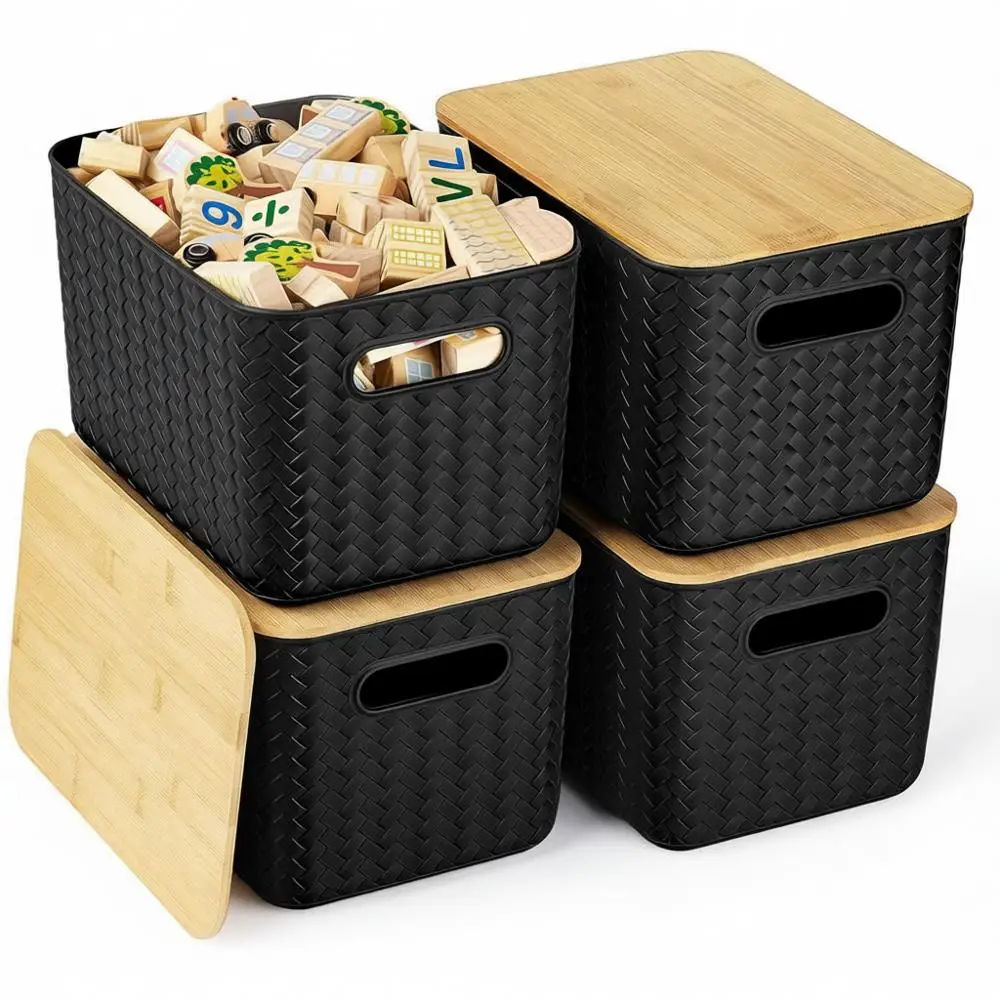 

Plastic Storage Containers with Bamboo Lids, Stackable Storage Boxes, Organizing Baskets, Desktop Closet Playroom Classroom Offi