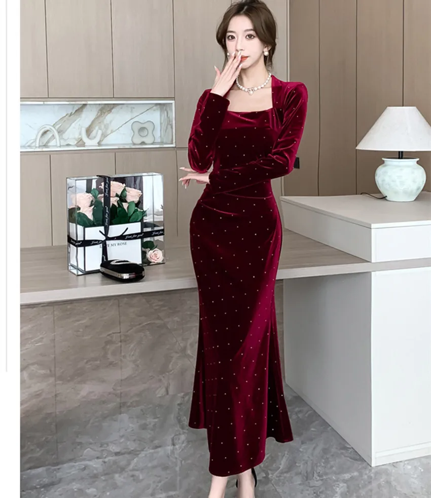 knee length dresses for ladies Mermaid Velvet Long Sleeves Long Evening Prom Dresses, Side Slit Prom  Dress, MR8957