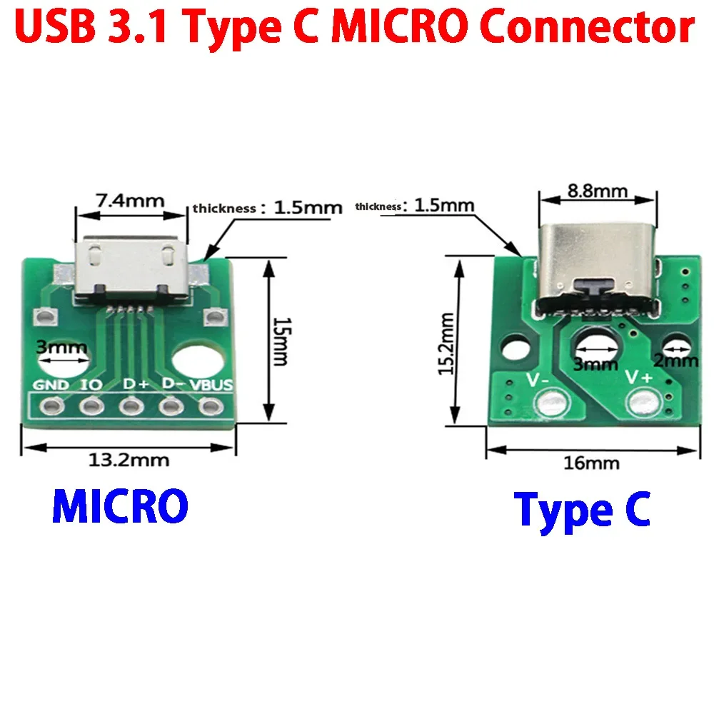 Tipo-C Micro USB para DIP Adaptador, Conector Fêmea, Conversor PCB Tipo B, Breadboard USB-01, Placa de Comutação, Assento Mãe SMT, 2 Pcs