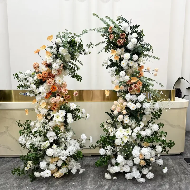 Event Wedding Decoration Rose Flower Backdrop White and Green Artificial Floral Horn Arch Flower